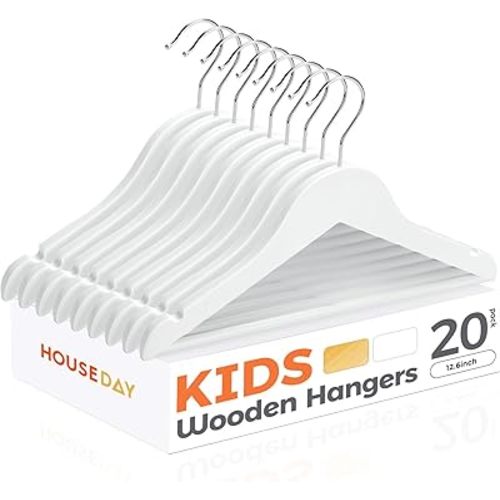 HOUSE DAY Kids Wooden Hangers 20 Pack, Wood Baby Hangers for Baby Clothes, Childrens Coat Hanger with Non Slip Pant Bar, 360° Swivel Hook, White