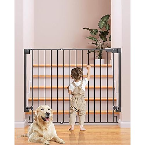 Cumbor 34" Extra Tall No Bottom Bar Baby Gate for Stairs, Wall Mounted Dog Gate Indoor for Larger Pets, Expandable 29.2-43" Safety Gate for Doorways, Wide Walk Thru Door for Easy Access (Black)