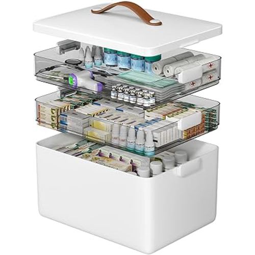 CTIME 3-Tier Medicine Organizer - Portable Medicine Cabinet with Leather Handle, Empty First Aid Kit for Home