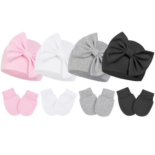 American Trends Newborn Beanie Set, Knit Infant Hat & No-Scratch Mittens, 0-6 Months, Pink & White & Gray & Black