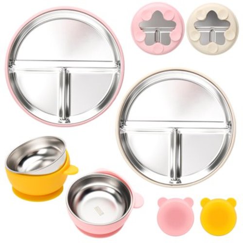Stainless Steel Baby Plate and Bowls with Suction, Divided Kids Baby Plate and Toddler Bowl with Removable Silicone Suction, Non-Slip Baby Feeding Set Dishwasher Safe,4 Packs