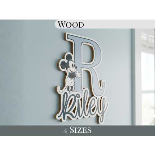 Baby Name Sign Mickey Mouse Monogram Wood Nursery Decor Personalized Die Cut Custom Above Crib Child Name Wooden Sign (16x16)