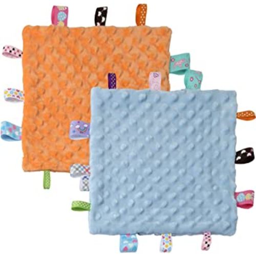 CREVENT Tag Security Blankets for Babies, Soft Small Loveys for Boys, Baby Comforter Sensory Blanket, Great Gifts for Birthday Baby Shower 10"X10" (Blue+Orange Tag, Twin)