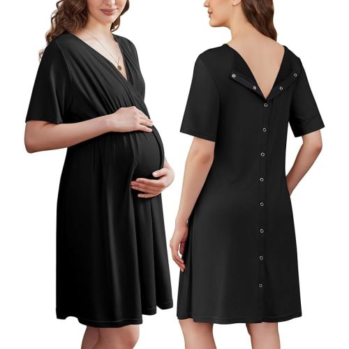 Ekouaer Labor and Delivery Gown for Hospital Short Sleeve Maternity Nursing Dress Nightgown with Button S-XXL
