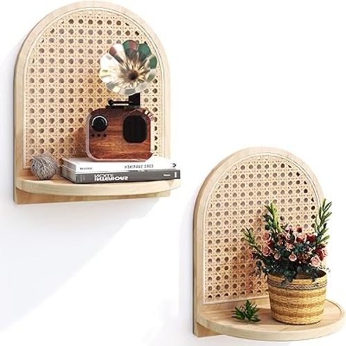Rattan Shelf Set of 2, 7''Natural Rattan Shelf with Wicker Decor, Boho Wall Decor Small Floating Shelf for Plant Figurines Display, Mini Shelves for Knick Knack Storage