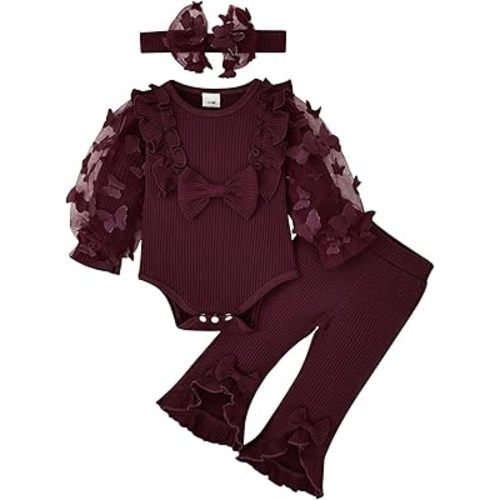 Baby Girl Clothes Newborn Outfits 3D Butterfly Long Sleeve Romper Flare Pants with Bow Headband Set 0-18 Months