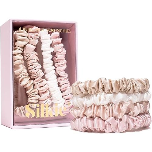 SILKIE x4 Set 100% Pure Mulberry Silk Pink Nude Neutral Skinny Scrunchies Travel Pouch Everyday Hair Ties Elastics Hair Care Ponytail Holder No Damage (Nudes)
