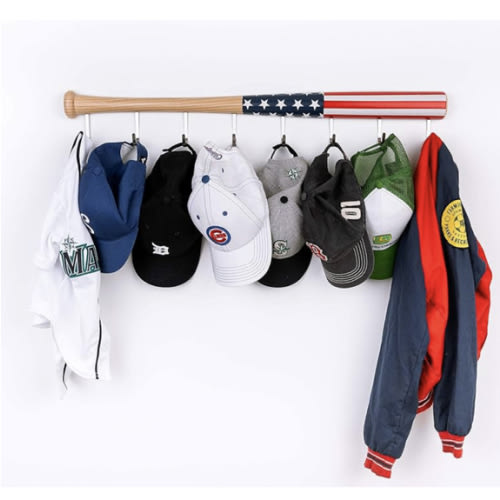 Coat Rack Wall Mount with 8 Hooks on Hardwood Baseball Bat. (Fully Assembled)