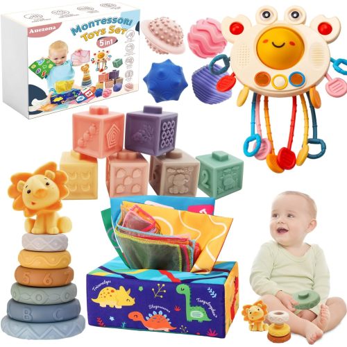 YANSION 5 in 1 Montessori Baby Toys Set for 6-12 Months Including Pull String Toy in Crab Shape, Baby Stacking Rings, Sensory Balls, Tissue Box Toys and Stacking& Nesting Baby Toy, Infant Sensory Toys
