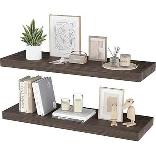 Floating Shelves for Wall - 24 x 9 Inch Natural Wood Shelves for Bathroom, Bedroom, Kitchen Decor, Farmhouse Decor Set of 2, Rustic Brown