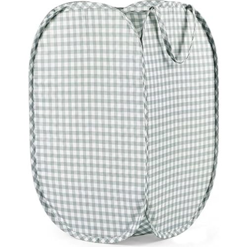 Sage Green Laundry Basket Pop up Hamper Gingham Basket Waterproof Material 14.57 Inch Laundry Bin for Dirty Clothes Dorm Bedroom Bathroom Nursery Closet Storage