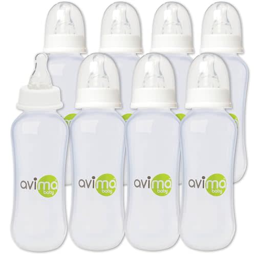 Avima 10 oz Anti Colic Baby Bottle Set - Medium Flow Nipples Included, Standard Neck, BPA Free - 3-6 Months, Stage 2 Feeding for Gas, Spit Up & Colic (Set of 8)