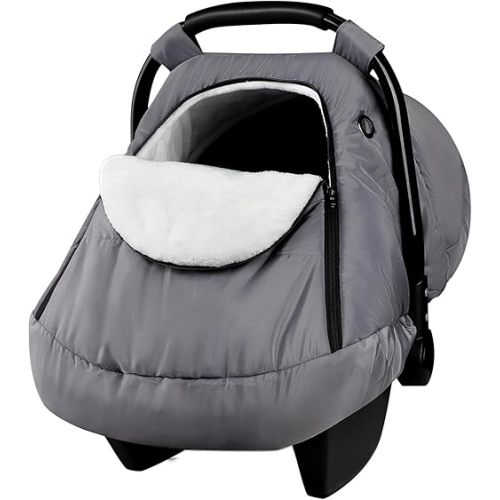 Winter Baby Car Seat Cover, Infant Carseat Canopy for Boys and Girls, Cozy & Warm Cover, Waterproof Carseat Cover with Zipper, Grey