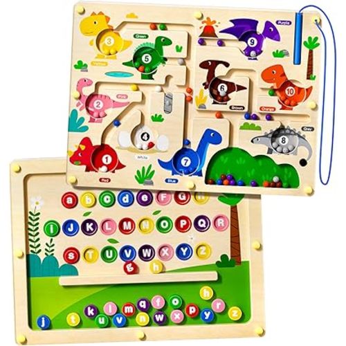 2 in 1 Magnetic Color and Number Maze Double-Sided ABC Alphabet Puzzles Board Magnet Dinosaur Counting Maze Preschool Learning Montessori Education 3 4 5 Years Toys