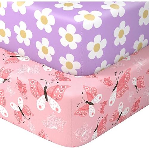 Baby Crib Sheets 2 Pack for Boys and Girls Fit for Standard Crib Toddler Mattress Breathable Soft Microfiber Baby Sheet 28x52x8in(Daisy & Black Butterfly)