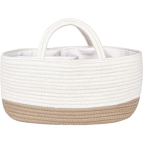Baby Large Cotton Rope Diaper Caddy,Organizer Storage Bin for Nursery Essentials,100% Natural Cotton,Eco friendly (White & Biege) 15.5x10x7 Inch (Pack of 1)