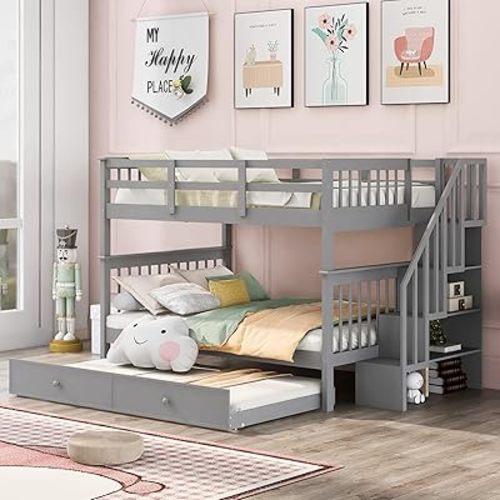 Full Over Full Bunk Beds with Stairs and Trundle Wood Bunk Bed Frame with Staircase and Storage Shelves for Kids Teens Adult, Detachable Stairway Bunkbed for Boys Girls, Gray