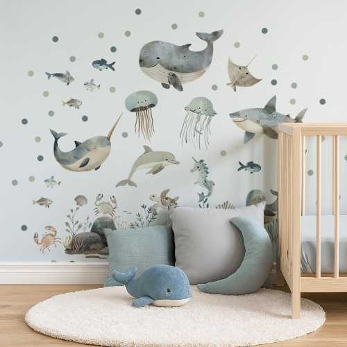 Ocean Animals Wall Decal, Underwater Nursery Wall Art, Sea Life Vinyl Sticker, Kids Room Decor with Whale, Shark, Narwhal, nursery decor