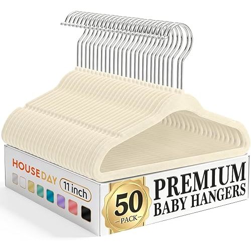 HOUSE DAY 11 Inch Velvet Baby Hangers 50 Pack Beige, Premium Kids Hangers for Children, Infant & Toddler Clothes, Durable Non Slip Small Baby Felt Hanger for Closet, Ideal for Everyday Use