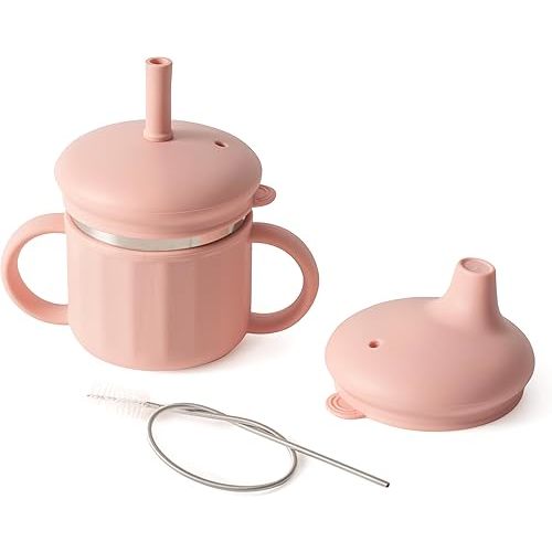 Stainless Steel Sippy Cup with Platinum Silicone Sleeve, Spill-Proof Spout & Pull-Proof Straw –Training Cup for Kids,Leak-Resistant, BPA-Free, Dishwasher Safe, with Handles & Brush