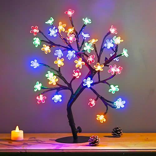 Cherry Blossom Tree Light,17inch 40LED Lighted Tabletop Artificial Flower Bonsai Tree Lamp USB Powered Gifts for Home Decor Room Office Party Wedding Christmas Decorations(Color)