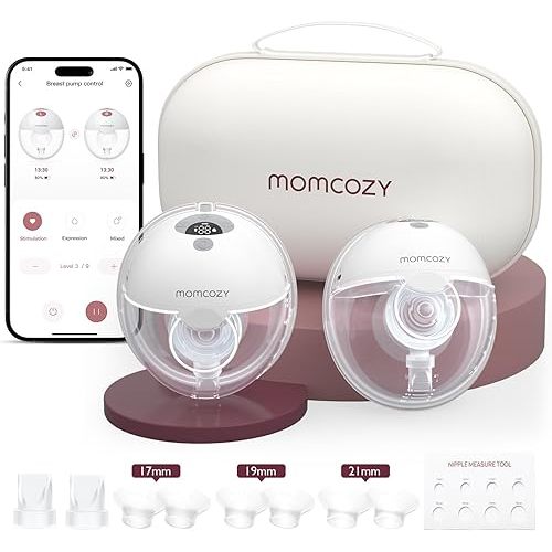 Momcozy M5 Smart App Control Hands Free Breast Pump, Double Wearable Breast Pump of Baby Mouth Double-Sealed Flange with 3 Modes & 9 Levels, Electric Pump Portable - 24mm, 2 Pack, Gray