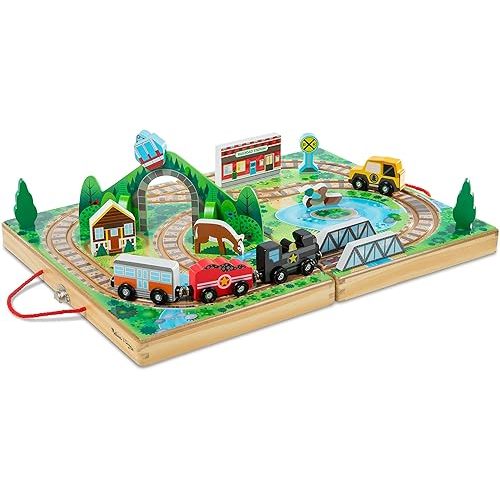Melissa & Doug 17-Piece Wooden Take-Along Tabletop Railroad, 3 Trains, Truck, Play Pieces, Bridge - FSC Certified
