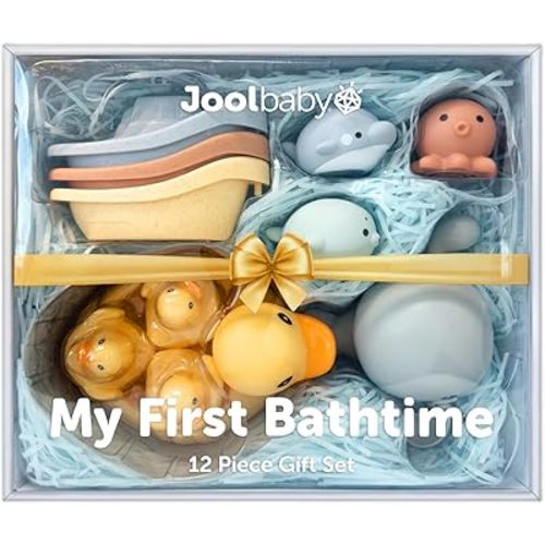 Jool Baby Bath Toy Gift Set – Bath Squirts, Rubber Ducks, Wind-up Swimming Whale - Bathtub Storage Bag Included