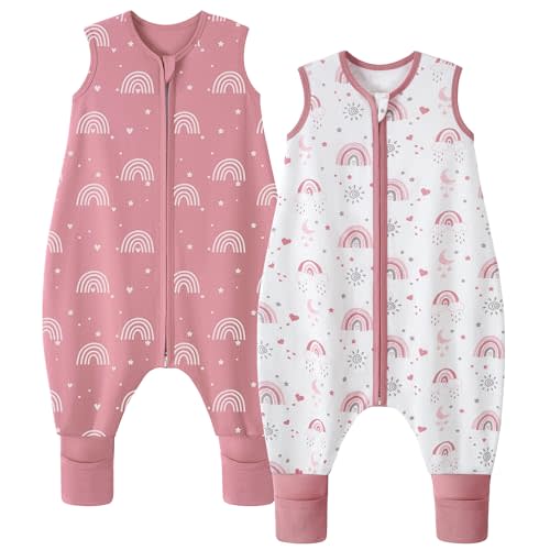 Toddler Sleep Sack with Legs 12-24 Months 0.5 Tog Wearable Blanket with Feet Cotton Walker Sleep Sack Toddler Sleeping Bag with Legs 2-Way Zipper Pink Rainbow