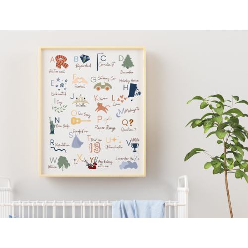 Swiftie ABCs, alphabet nursery print, taylor swift themed nursery wall art, swiftie decor, taylor swift digital print, eras tour print
