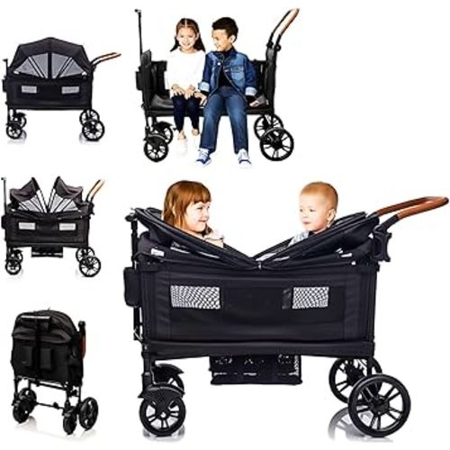 Wagon Stroller for 2 Kids & Cargo-Travel Stroller Push-Pull Double Wagon Lightweight Folding Stroller for Newborn&Toddler with 5-Point Harness,Adjustable Handle Bar and Canopy,Tray Table,Cup Holder