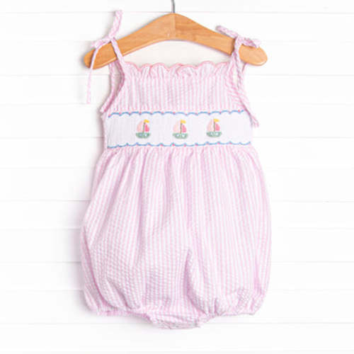 Coastal Cruise Smocked Bubble, Pink Seersucker – Stitchy Fish