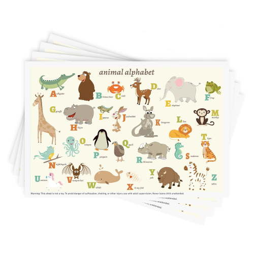 Disposable Stick-on Placemats 40 Pack for Baby & Kids & Toddler, Sticky Placemats Restaurant Table Mats 12" x 18" (Animal Alphabet)