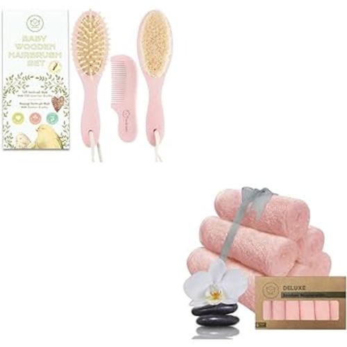 Baby Hair Brush and Comb Set for Newborn and Baby Washcloths Bundle - Natural Wooden Hairbrush with Soft Goat Bristles for Cradle Cap (Oval, Blush) - Baby Towels and Washcloths (Blush Pink)
