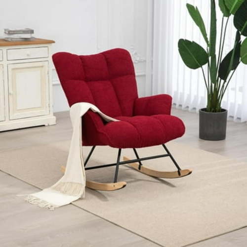 Nursery Rocking Chair Teddy, Upholstered Glider Rocker with High Backrest, Comfortable Stylish Accent Armchair with Padded Seat for Living Rooms, Bedrooms, Offices, Burgundy