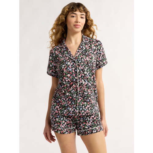 Joyspun Women’s Dreamy Soft Collection Short Sleeve Knit Notch Collar Top and Shorts Pajama Set, 2-Piece, Sizes XS-3X