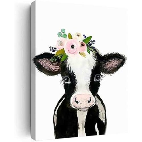 Cow Painting Farm Nursery Decor Cow Print Baby Animal Prints,Baby Watercolor Animals Floral Wall Art Prints,Woodland Safari Animals Posters Pictures For Kids Rooms Nursery Decor Art-12"x16"with frame