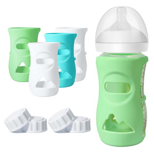 Joxodax 4 Pack Silicone Sleeves for Philips Avent Glass Bottle Food Grade Silicone Bottle Cover and 4pcs Travel Bottle Caps, Bottle Lids Replacement (8oz)