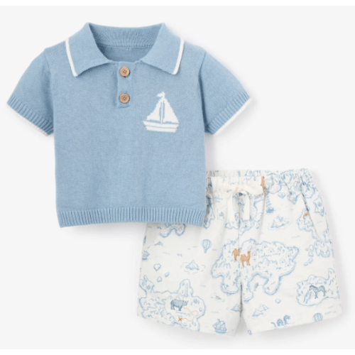 Nautical Knit Polo + Explorer Print Shorts – Elegant Baby