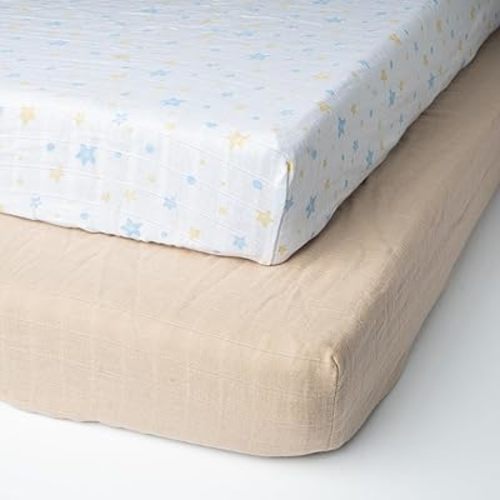 Salt Earth 100% Organic Cotton Muslin Standard Fitted Crib Sheet for Boys, Girls & Toddlers – 52"x28", 2 Pack Soft Breathable Natural Cotton Mattress Bed Sheets, Neutral Crib Sheet (Beige & Blue Star)