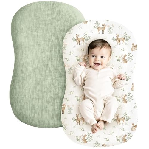Konssy Muslin Baby Lounger Cover 2 Pack, 100% Cotton Newborn Lounger, Soft and Breathable for Boys & Girls (Woodland, Sage)