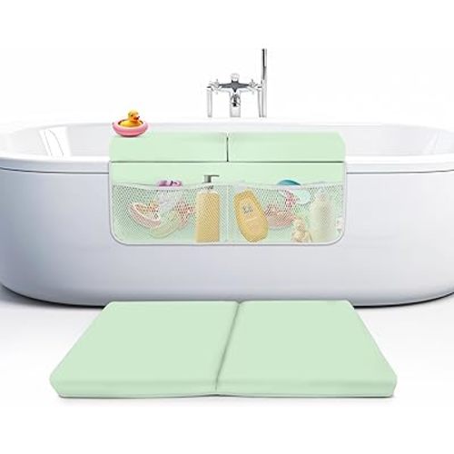 Memory Foam Bath Kneeler and Elbow Rest Pad Set, 2-Inch Thick, Water-Resistant Mat – Baby Bath Time Essentials Cushion and Bath Kneeling Pad for Bathing Baby with Bathtub Toy Organizer (Mint Green)