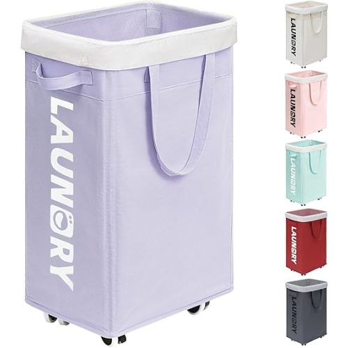 Goodpick Laundry Basket with Wheels,75L Collapsible Laundry Baskets with Removable Wash Bag, Clothes Laundry Hamper on Wheels, Light Purple