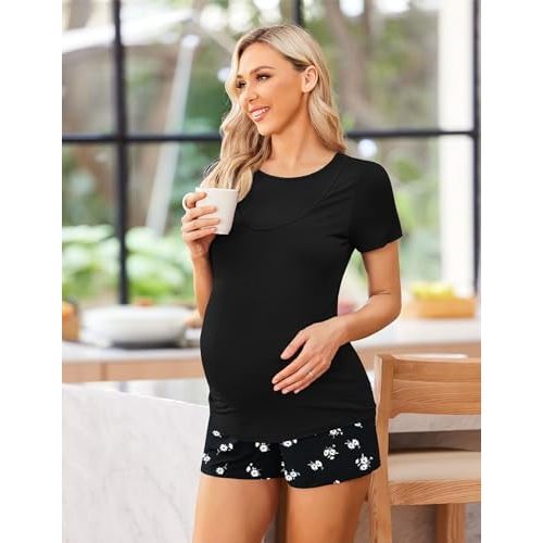 Ekouaer Maternity Nursing Pajamas Set Short Sleeve Breastfeeding Sleepwear Double Layer Postpartum Top and Shorts Set