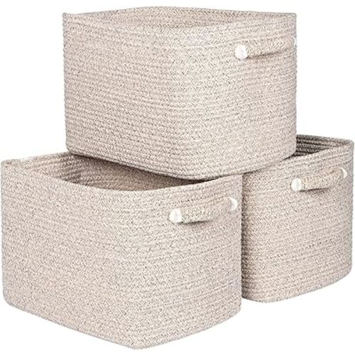 Kntiwiwo Storage Baskets for Organizing 15”x11”x10” Rope Storage Baskets for Shelves with Handles, Decorative Closet Baskets & Bins, Large Woven Baskets for Storage, Beige & Brown