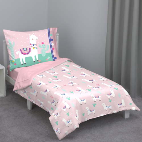 Everything Kids 4-Piece Llama Toddler Bedding Set, Pink