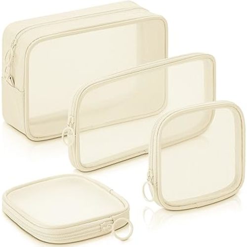 Weewooday 4 Pcs Mesh Makeup Bag Mesh Cosmetic Bag Travel Toiletry Bag Pouch with Zipper Mini Portable Makeup Cosmetic Travel Toiletry Purse Bag for Daily Accessories (Beige,Small, Large, Medium)