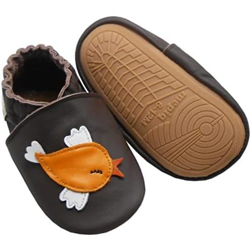 12-18 Soft Leather Slippers Baby Moccasins with Rubber Sole, Anti-Slip Infant Toddler First Walking Shoes for Boys Girls, 0-24 Months