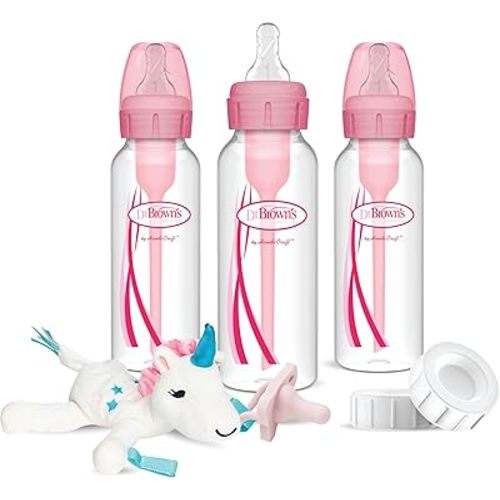 Dr. Brown's Natural Flow Anti-Colic Options+Narrow 8oz/250mL Baby Bottle + Lovey Gift Set with Level 1 Slow Flow Nipples, Pink