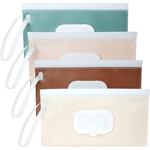 4 Pack Wipes Dispenser, Seposeve Portable Baby Wipe Case, Refillable Baby Wipes Container, Wipe Holder, Keeps Wipes Fresh, Reusable Wet Wipe Pouch for Outdoor Outing, Camping, Hiking. PureColor